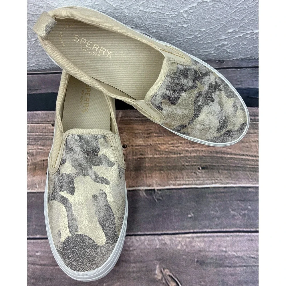 Sperry Crest Twin Gore Sneakers Womens 8.5 Metallic Ivory Camo Slip On STS87041